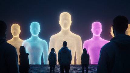 Silhouetted Figures Observing Luminous Wireframe Human Forms