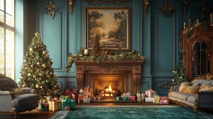 Fototapeta premium Elegant christmas living room with warm light, luxurious decor, and a charming fireplace scene
