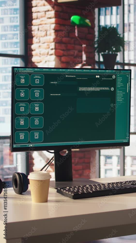 Fototapete focus on ai llm chatbot gpt software on pc monitor in modern home office. panning shot of large lang