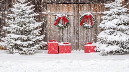 Snowy outdoor Christmas scene with red gifts, wreaths, and trees.