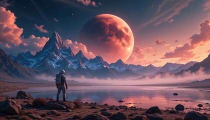 Spaceman standing alone at lake on nameless planet