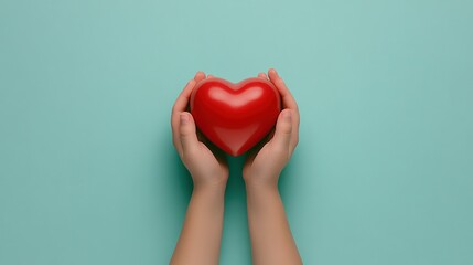 Caring Hands Hold Red Heart for World Blood Donor Day Concept on Pastel Blue Background with Copy Space