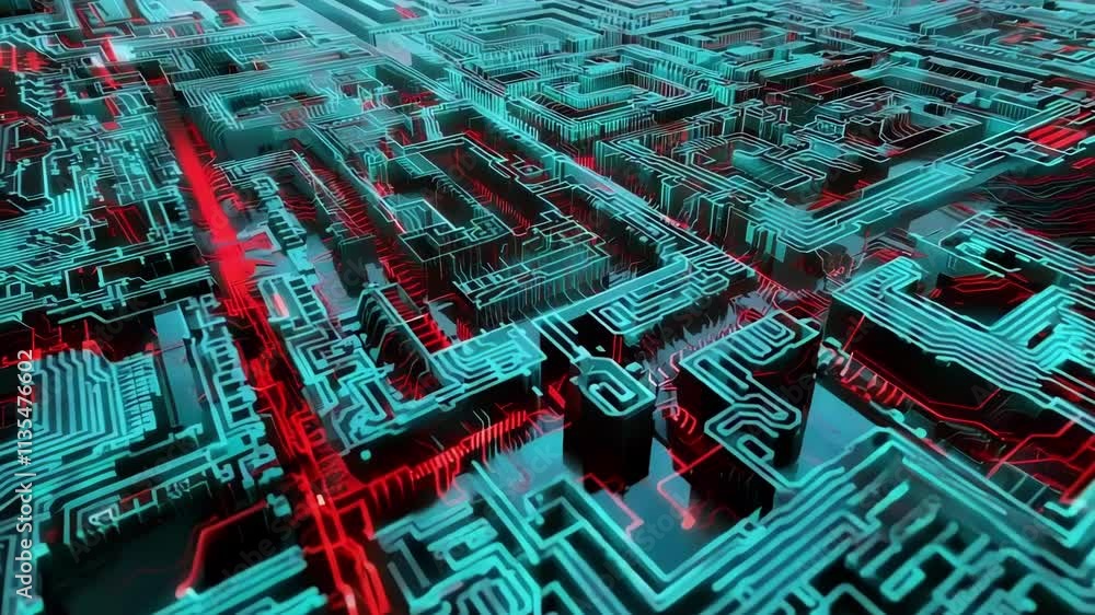 Aufkleber glowing blue and red lines create an intricate network resembling a futuristic cityscape or complex 