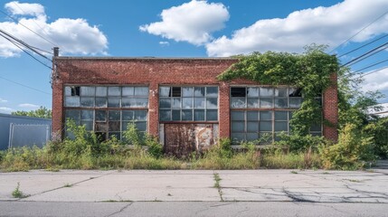 Abandoned factory surrounded by overgrown vegetation under blue skies and white clouds