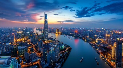 Shanghai Skyline at Dusk. Modern Cityscape with River. Concept of Urban Development, Architecture, and Travel.