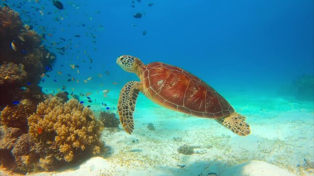 Turtle swims in turquoise water over the coral reef in tropical sea. Philippines underwater world. Underwater high quality 4k footage