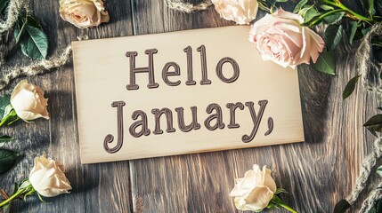Hello January Word on Light box with roses flower bouquet on wooden background