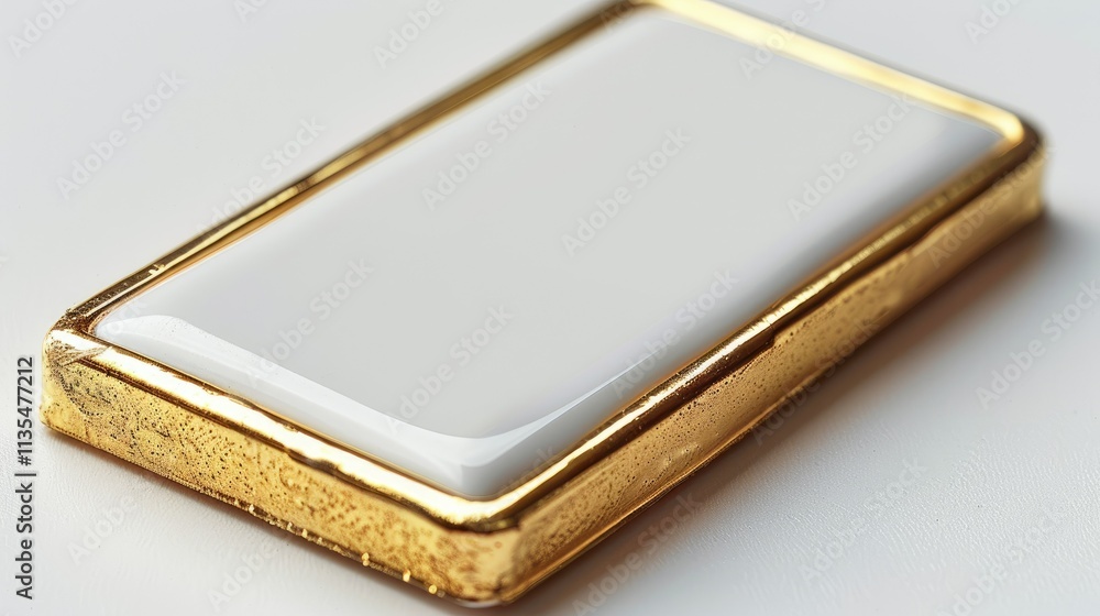 Poster a sleek, rectangular object with a glossy white surface and a gold border.