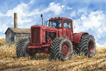Obraz premium Vintage Red Tractor in a Wheat Field