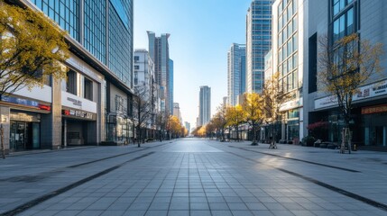 Fototapeta premium Serene Urban Dawn: Empty City Street in China