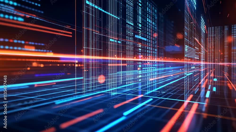 Poster vibrant digital landscape showcasing data streams and glowing lines in a futuristic setting