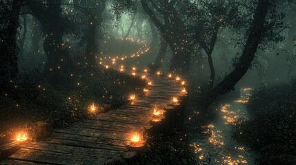 Obraz premium A mystical forest path illuminated by glowing lights, creating an enchanting atmosphere.