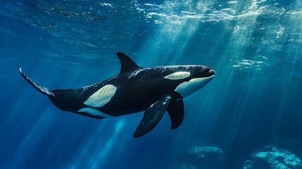 Obraz premium Orca swimming underwater, sunlight beams through water. Concept of marine wildlife, ocean life, and nature.