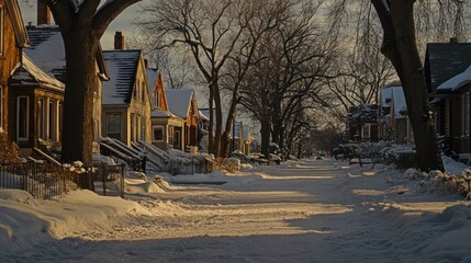 Snowy residential street at sunset.