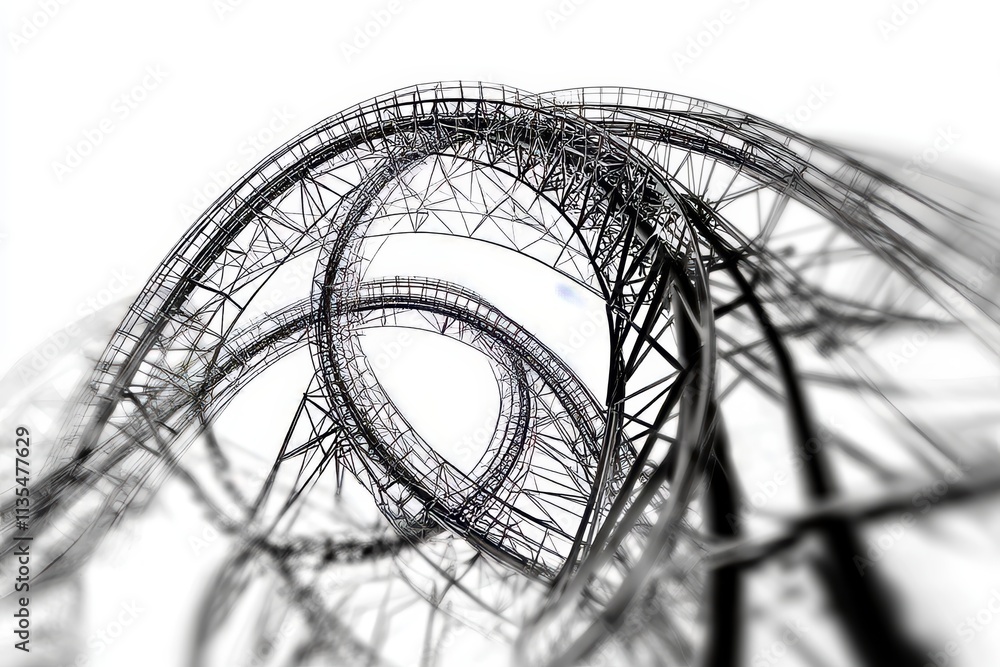 Poster intricate black and white wireframe of a rollercoaster featuring dynamic loops and curves