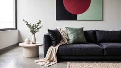 Generative AI, Modern close-up of a velvet sofa with geometric art and minimalist decor