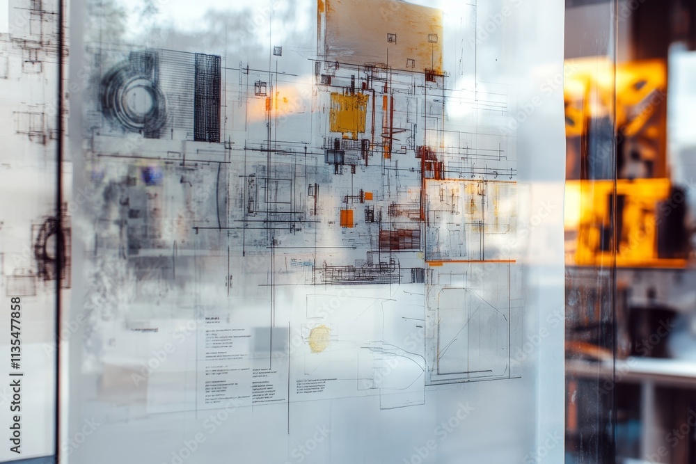 Poster technical schematic merging seamlessly with a completed design process photograph
