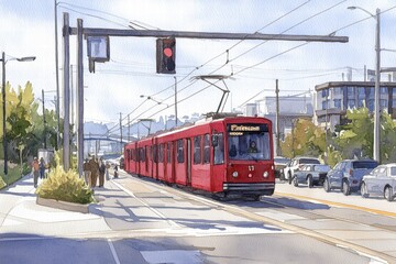 Red Tram at Intersection, Urban Scene