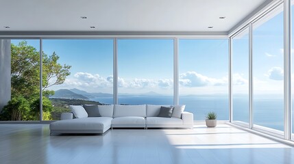 Modern Coastal Living Room with Ocean View. Concept of luxury, relaxation, and panoramic views.