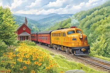 Obraz premium Vintage Train Passing Rustic Red House in Mountain Valley