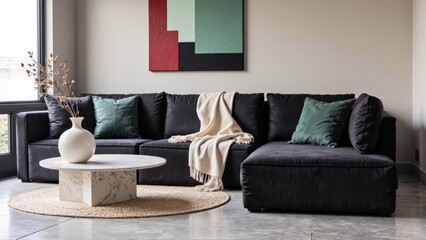 Generative AI, Modern close-up of a velvet sofa with geometric art and minimalist decor