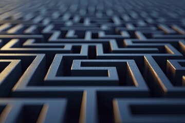 Abstract maze of shifting pathways, bold navy background, vision for future possibilities.