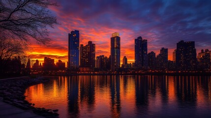 Fototapeta premium Skyline Majesty: Sunset Among New York's Modern Skyscrapers in 4K Ultra HD