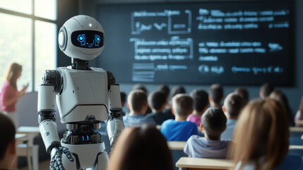 A photograph of an AI robot teacher standing in front of a university classroom