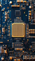 Fototapeta premium Top view of a microchip and circuit board featuring cpu and digital chip technology background