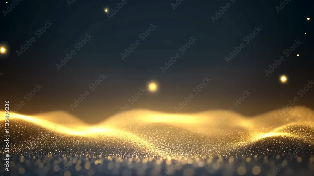 Poster golden waves of shimmering particles create an enchanting visual effect at twilight in a dreamlike l