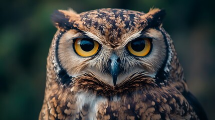 Obraz premium Close up of an owl's face. Concept of wisdom, nocturnal, and wildlife.