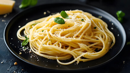 Delicious spaghetti elegantly presented on a black plate.