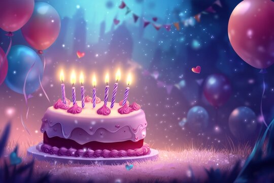 Vibrant birthday cake with candles and balloons   perfect for your customized celebration card
