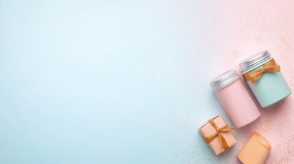 Festive Gift Boxes & Tree Decor for a Bright New Year: Top View with Snowflakes on Pastel Backdrop