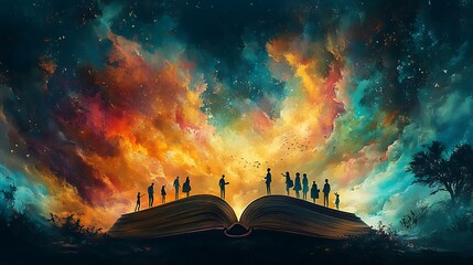 Silhouette people open book colorful vibrant artistic stunning illustration