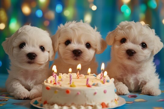 Adorable puppies joyfully celebrating a birthday with a delicious cake and cheerful vibes
