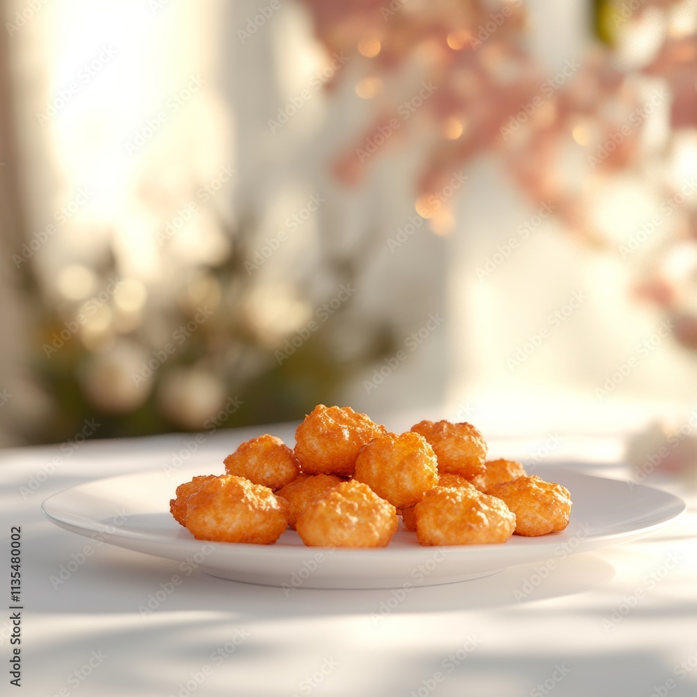Poster 3d rendering of a plate with golden, crispy salmon cakes in the shape of flowers, placed on a white 