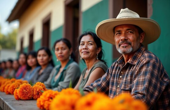 Indigenous people in Mexico gather in front of building. Sitting, smiling. Many marigold flowers displayed in front of. Group of people shows vibrant culture. Warm atmosphere. Local community.