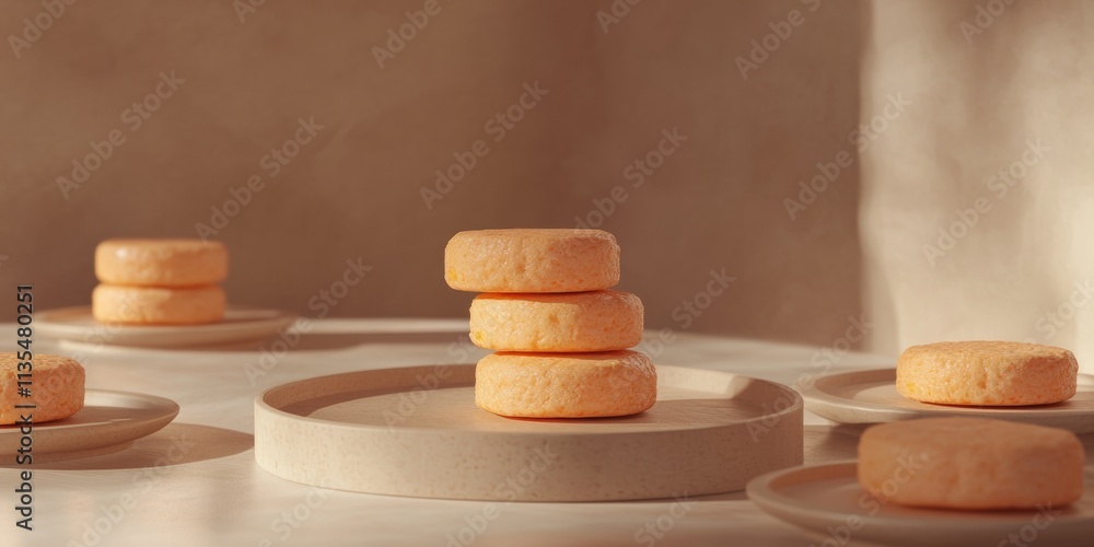 Poster a 3d rendered scene of salmon cakes in various abstract shapes, each sitting on individual plates wi