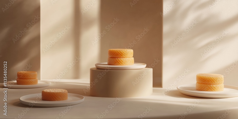 Poster a 3d rendered scene of salmon cakes in various abstract shapes, each sitting on individual plates wi