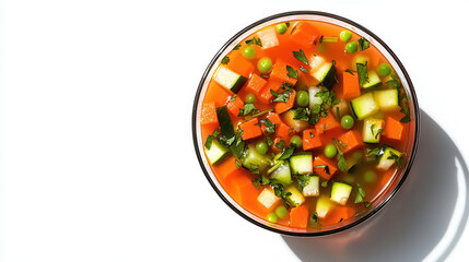 A perfectly cut-out image of a clear glass bowl filled with colorful vegetable soup, featuring diced carrots, celery