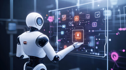 A robot holding an AI data stream with icons and symbols representing various types of artificial intelligence