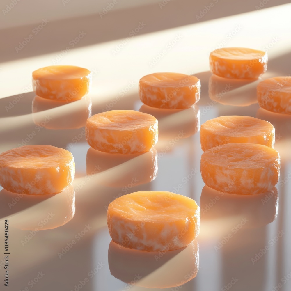 Poster a 3d rendering of salmon cakes in abstract shapes, arranged randomly on a reflective surface with br