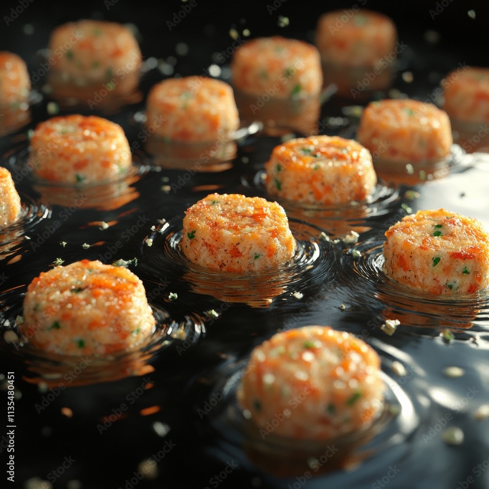 Poster a 3d rendering of salmon cakes in abstract shapes, arranged randomly on a reflective surface with br