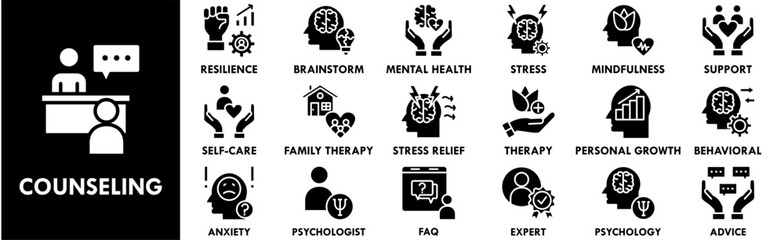 Counseling icon collection set. Containing design counseling, therapy, psychology, consultation, patient, advice	