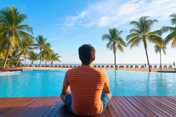 A leisurely scene of a man seated by a pristine pool, admiring palm trees and a serene beach under clear blue skies, capturing tranquility and escape vibes.