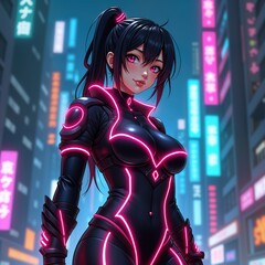 Anime female warrior in cyberpunk city. Fashionable tech style. Girl wears futuristic suit with neon pink accents. Night city background. Stylish character. Urban scene. Trendy design. Cool girl.