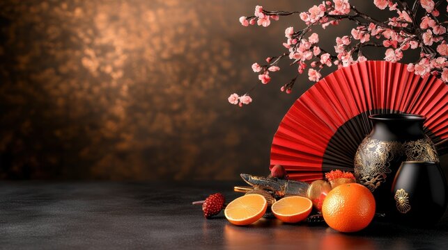 Prosperous Chinese New Year Celebration with Elegant Vertical Scene of Red Fans, Oranges, Cherry Blossoms, and Gold Coins