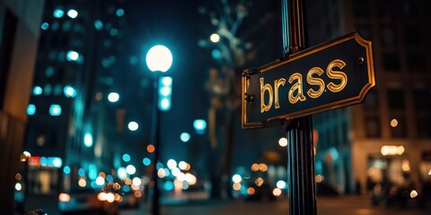A vibrant cityscape at night captures the enchanting ambiance with glowing streetlights and a brass street sign in sharp focus against a blurred background.