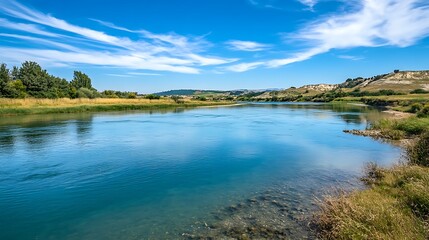 Serene River Landscape Under a Blue Sky. Tranquil River Scene.